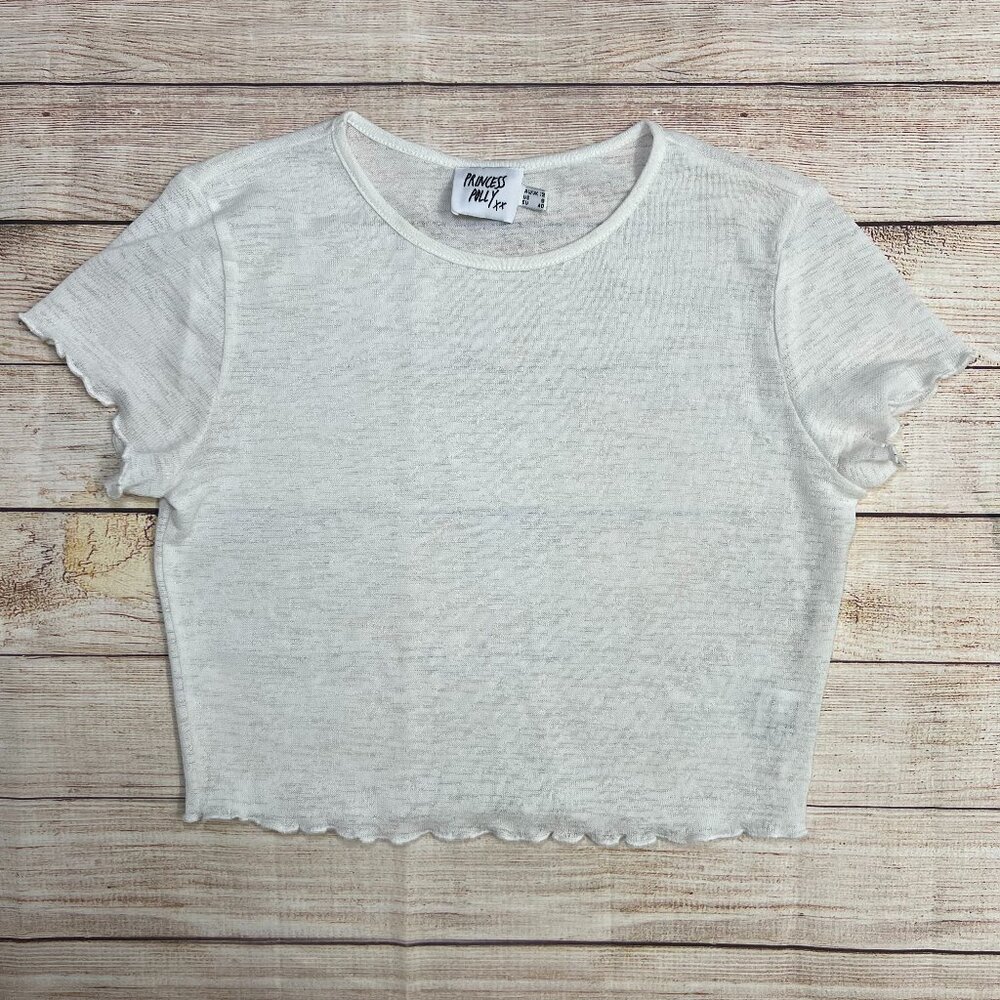 Princess‎ Polly White Ribbed Lettuce Edge Cropped Baby Tee Size 8 Medium